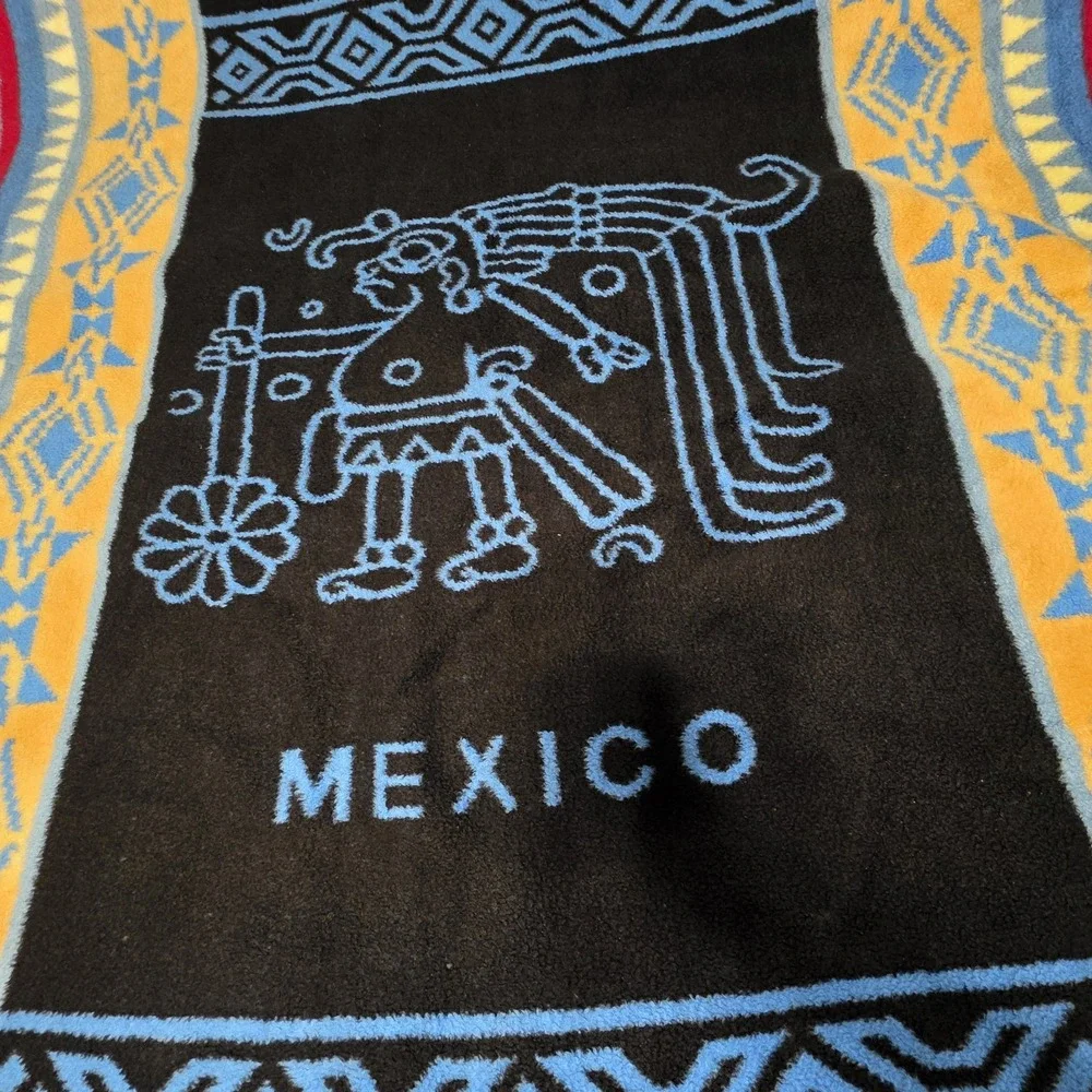Vintage San Marcos Mexican Cobija Blanket 72x84 Reversible Aztec Mexico Large